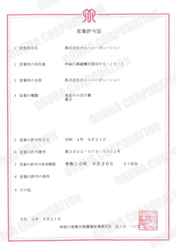 食品衛生法に基づく菓子製造業許可証